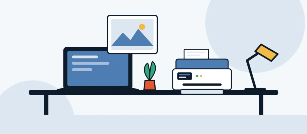 Ilustración: escritorio de home office con notebook e impresora